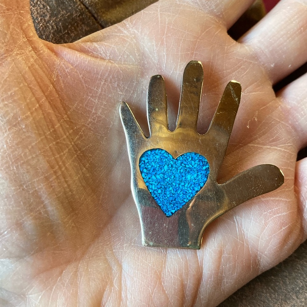 Vintage Taxco Turquoise  Hand Brooch with Blue Heart